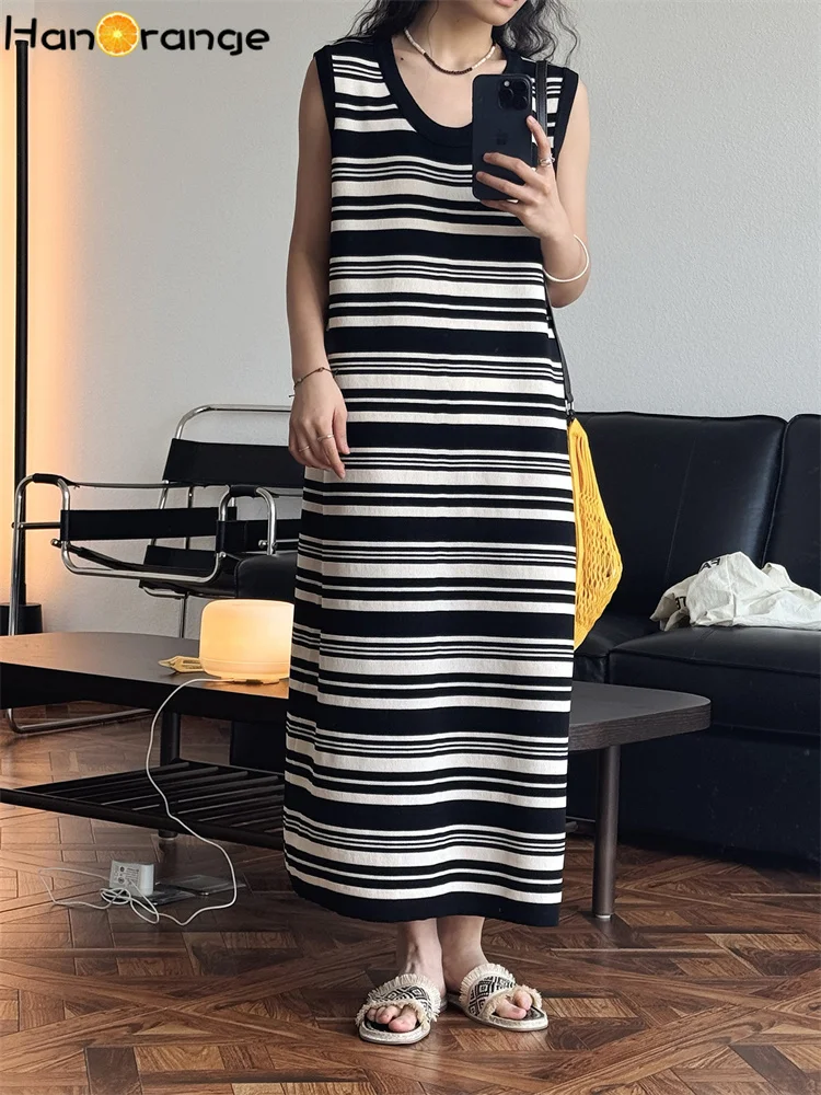 

HanOrange 2025 Summer Knitted Striped U Neck Tank Dress Straight Tube Sleeveless Long Dress Black/Apricot