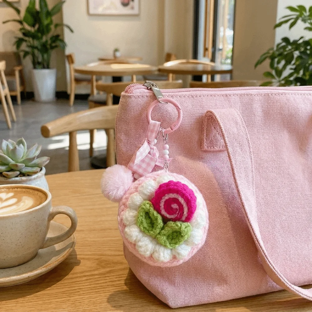 Creative Realistic Crochet Fruit Cake Keychain Handmade Cartoon Knitted Keyring Kawaii Multi-color Car Key Ring Backpack Decor