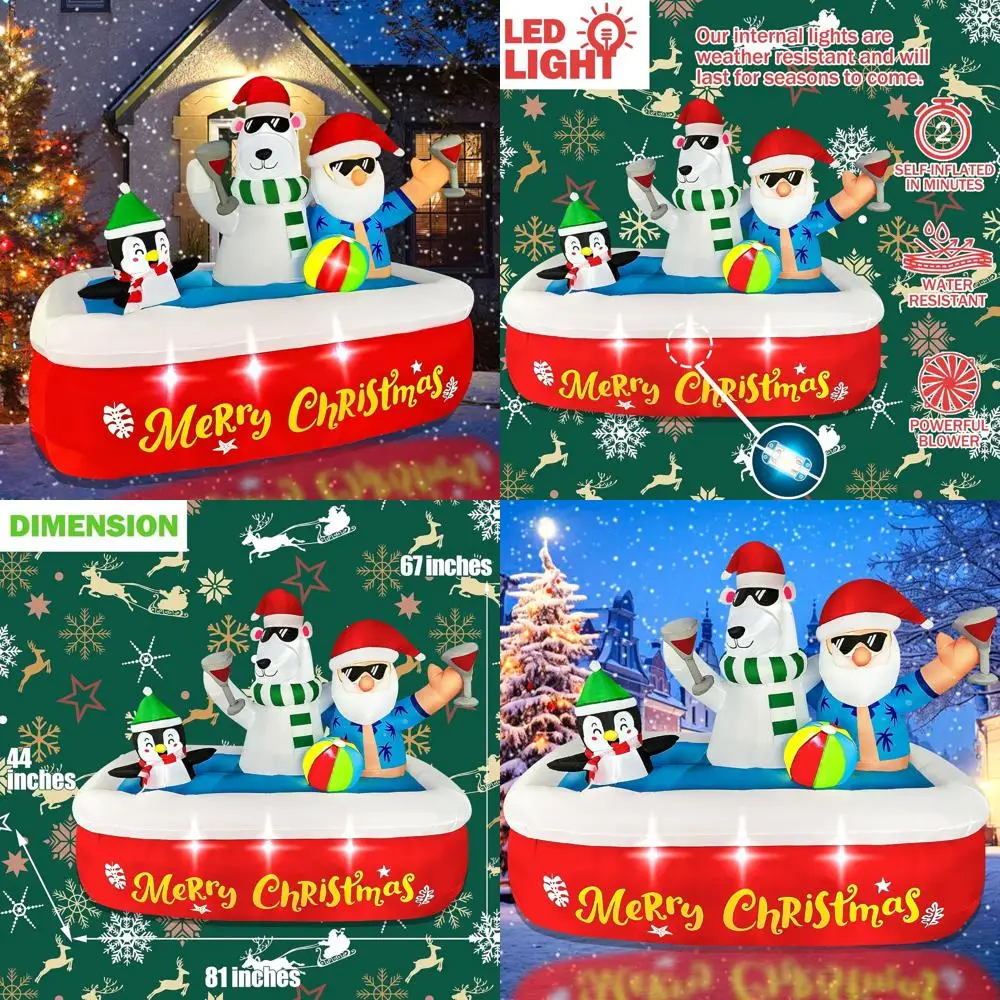 

Hawaiian Santa Pool Party Inflatable Outdoor Christmas Decoration with Polar Bear & Penguin, LED Bathtub, Ideal for Garden, Pati