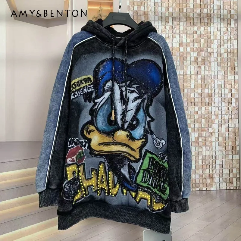 

Модная брендовая толстовка из плотного флиса с цветовыми блоками в стиле Y2K, молодежная свободная куртка оверсайз с капюшоном и мультяшным принтом