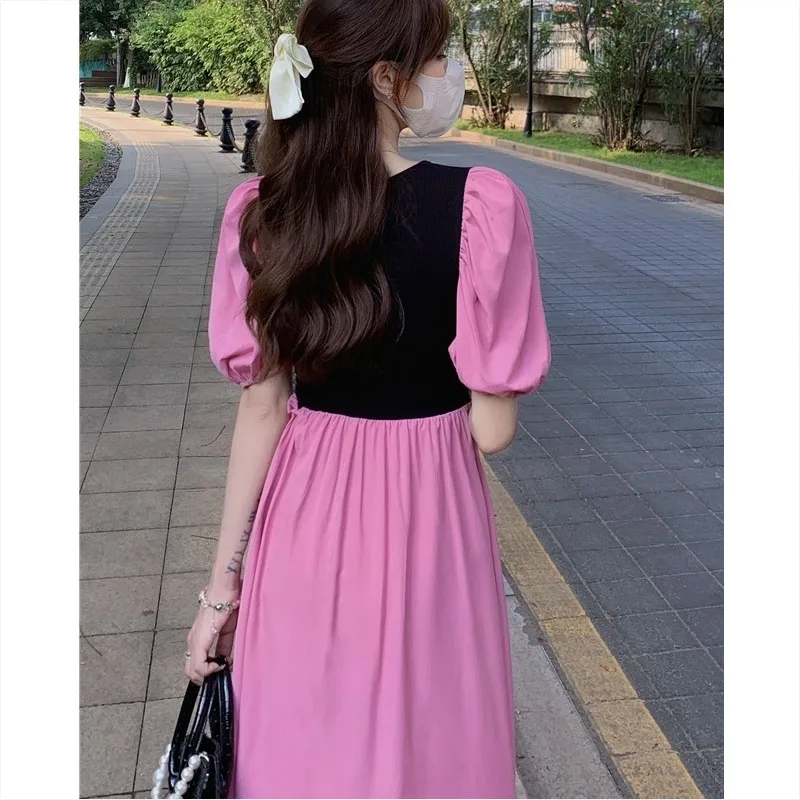 French Sweet Pink V-neck Summer 2024 New Women Corset Puff Sleeve Contrasting Colors Frenulum Short Sleeve Affordable Dress