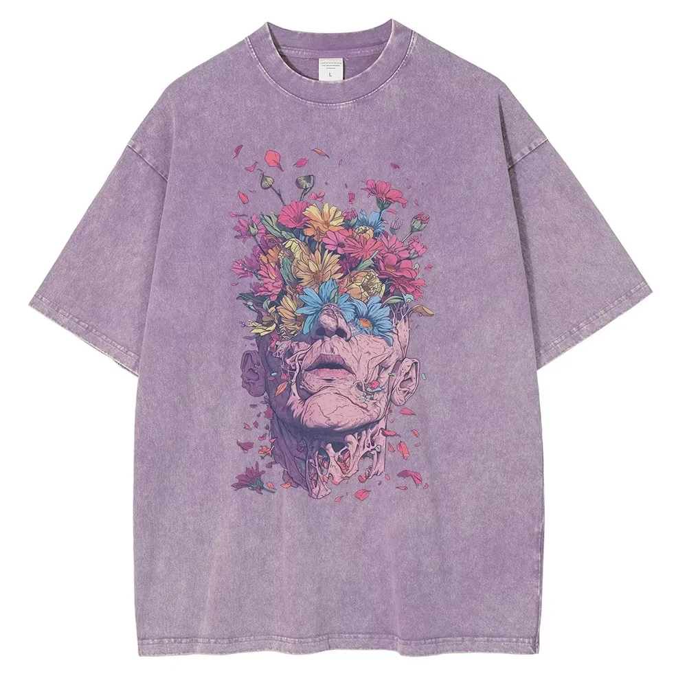 New heavyweight T-shirt featuring a floral pattern of eyes and heads, men's vintage Van Gogh-style top