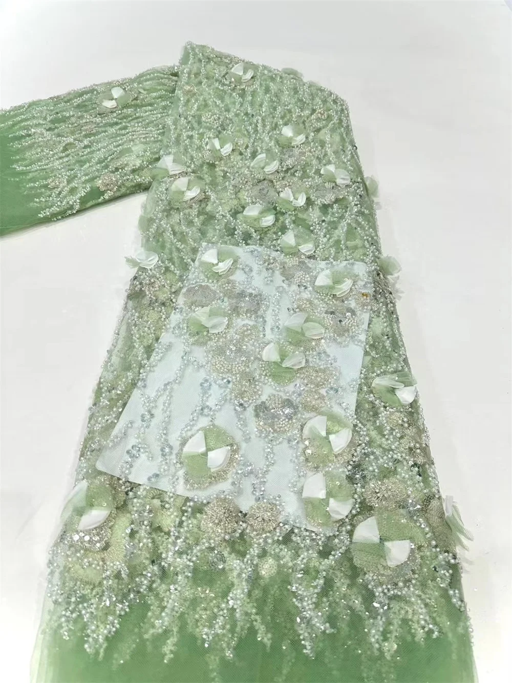 

Green 3 D Flower African Sequins Lace Fabric 2024 High Quality French Nigerian Groom Beaded Lace Fabric For Sewing Dress A138-2