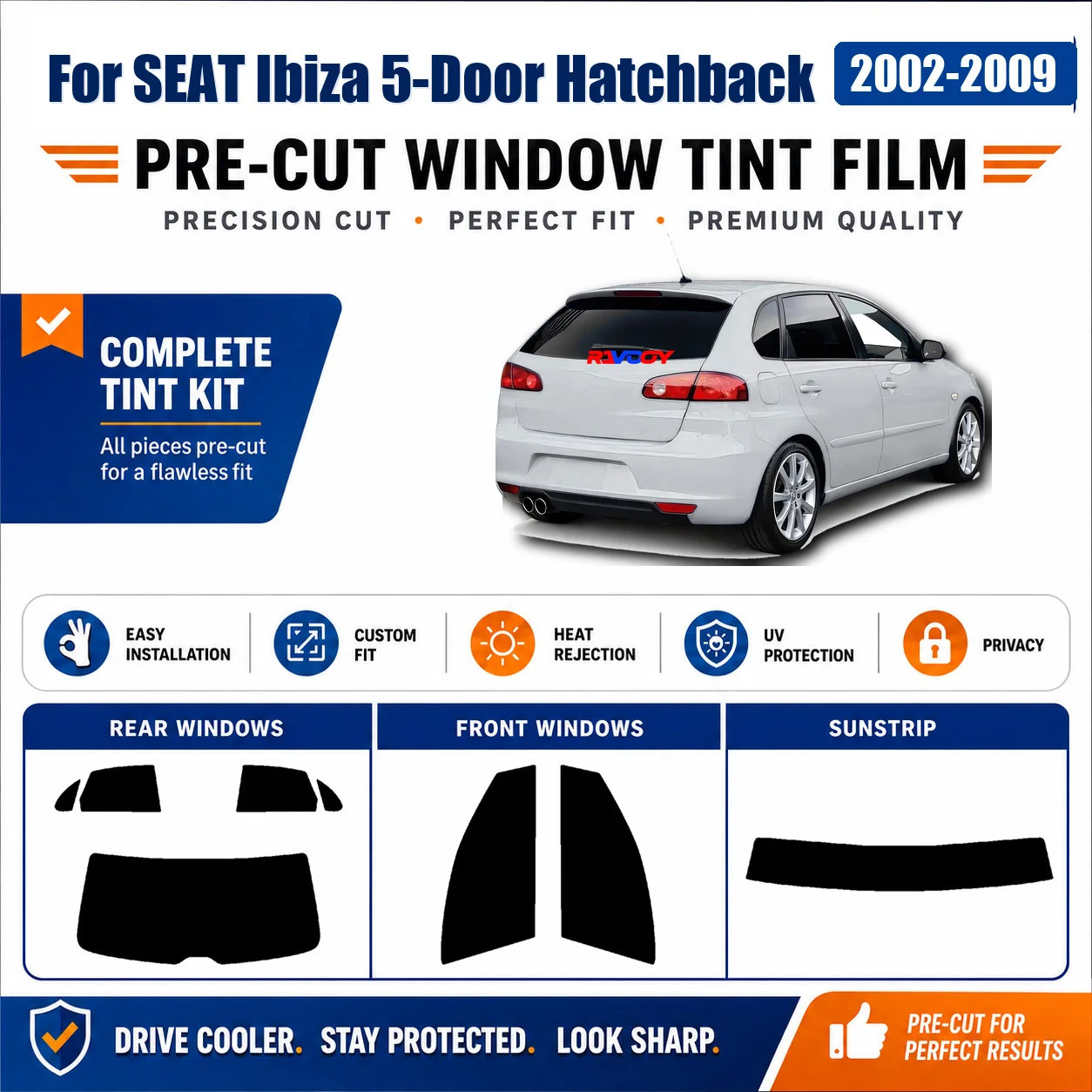 For SEAT Ibiza 5-Door Hatchback 2002-2009 Front Window Precut Auto Window Tint Kit RAVOOY High Clarity Ceramic UV Protection