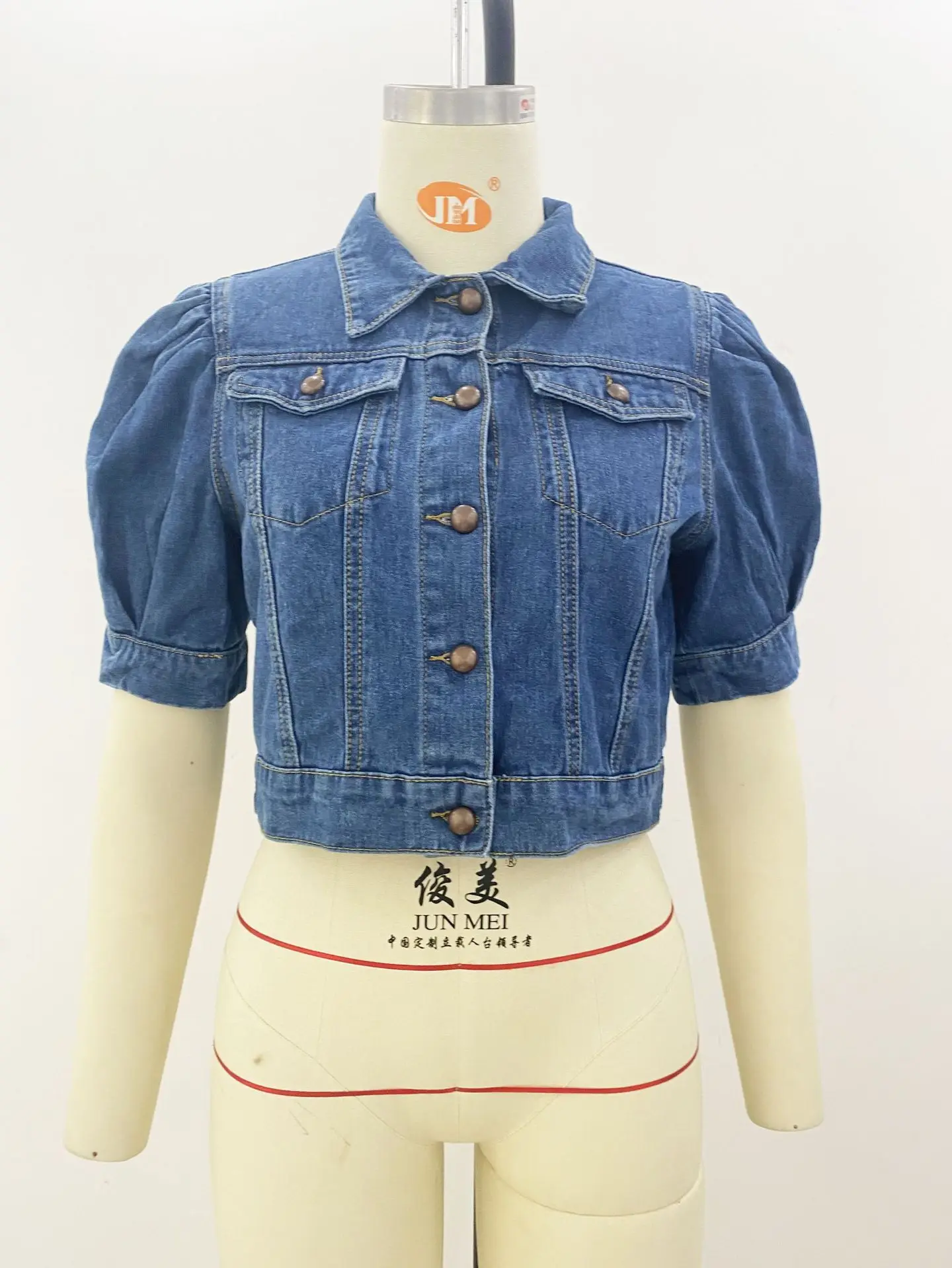 Fashionable Women's Denim Jacket Bubble Short Sleeve Lapel Comfortable Street Can Wear Solid Color Ladies Coat