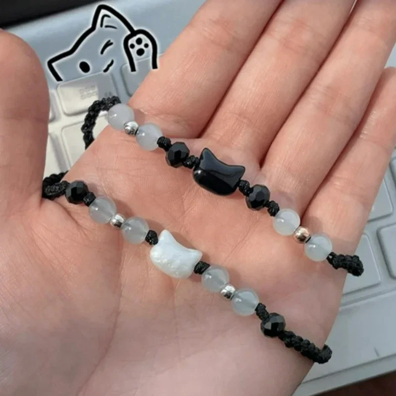 Couple Black White Cute Cat Beaded Women Bracelet Men Bracelets Hand Woven Adjustable Bangles Friendship Bracelets Jewelry Gifts