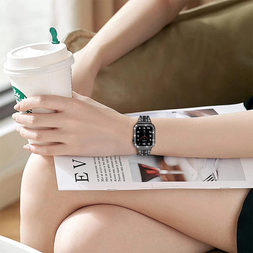 Women's Diamond Case + Strap For Apple Watch Band 45mm 41 44 40 38 42mm Metal Bracelet Protective Cover iWatch Series9 7 6 SE 8