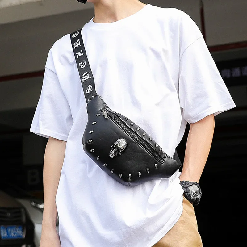 Erkekler Punk bel çanta kemeri çanta moda kafatası desen Fanny paketi kalça paketleri İşlevli açık erkek bel paketi Crossbody çanta