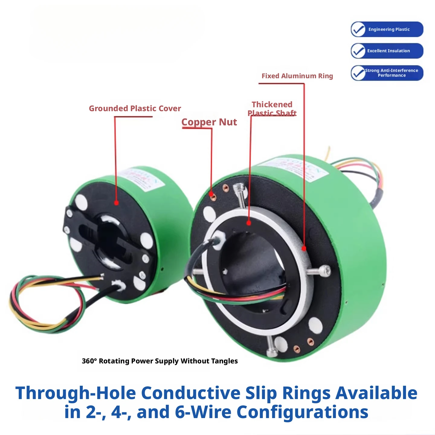 Through hole aluminum alloy shaft slip ring 360 degree rotation of electrical connector conductive ring power rotary joint