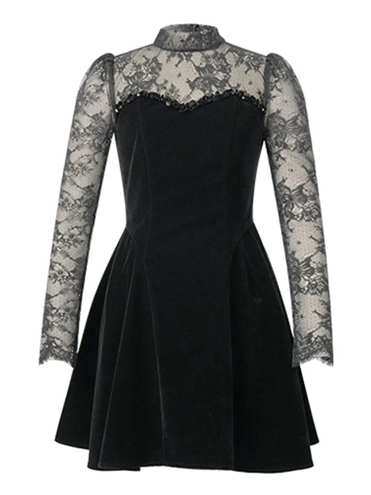 وهمية 2 قطعة الأسود مساء ملابس حريمي الدانتيل شير مثير كم طويل سليم ألف خط فستان قصير أنيق سيدة حفلة عيد ميلاد Vestido