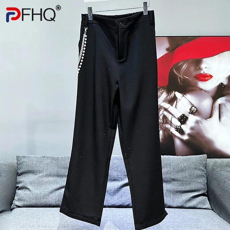 

PFHQ Men's Micro Elastic Mid Waist Chain Advanced Pants Tide Solid Color Straight Sparkling Shining Summer Male Trousers 21Z4603