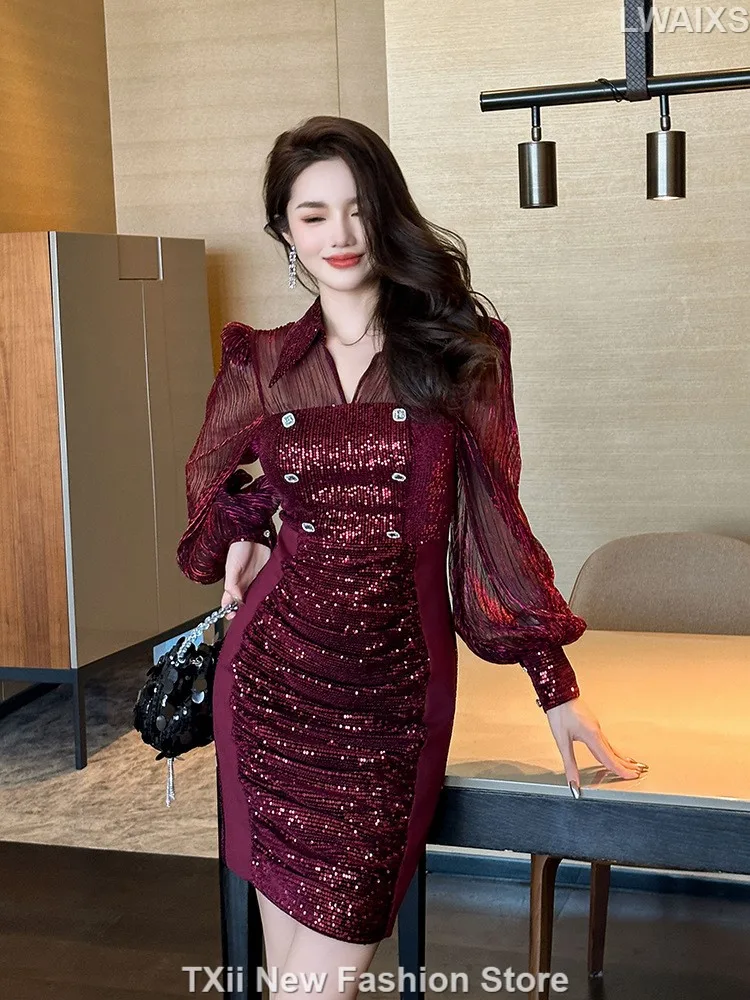 2024 Spring New Women's Fashion Celebrity Style POLO Collar Shirt Sequin Dress