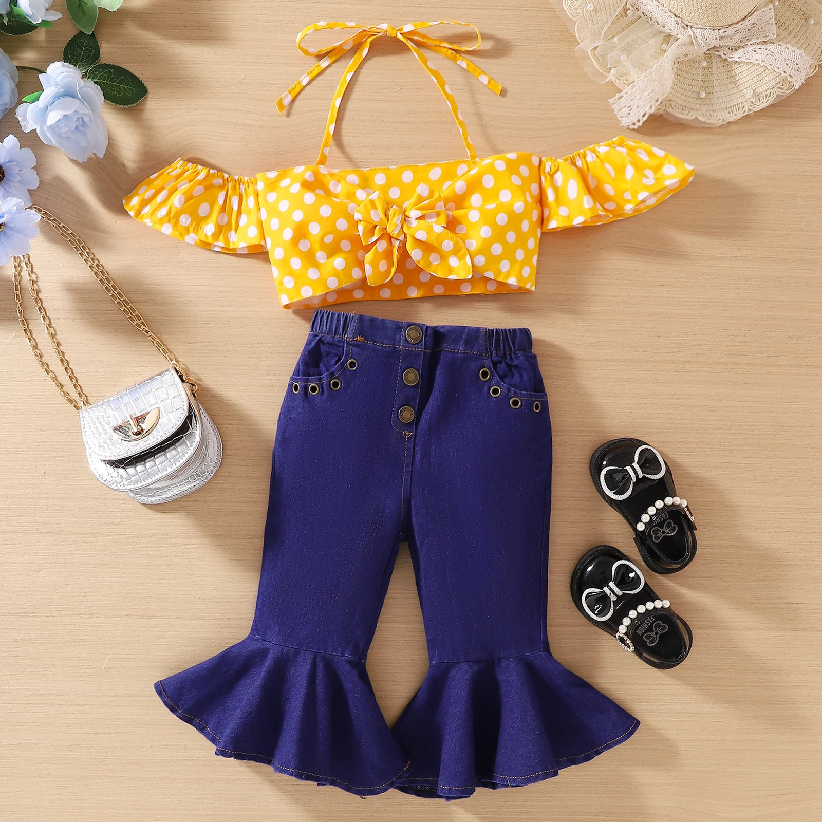 Summer Baby Girl Children Yellow Polka Dot Bra Strap+Denim Flared Pants