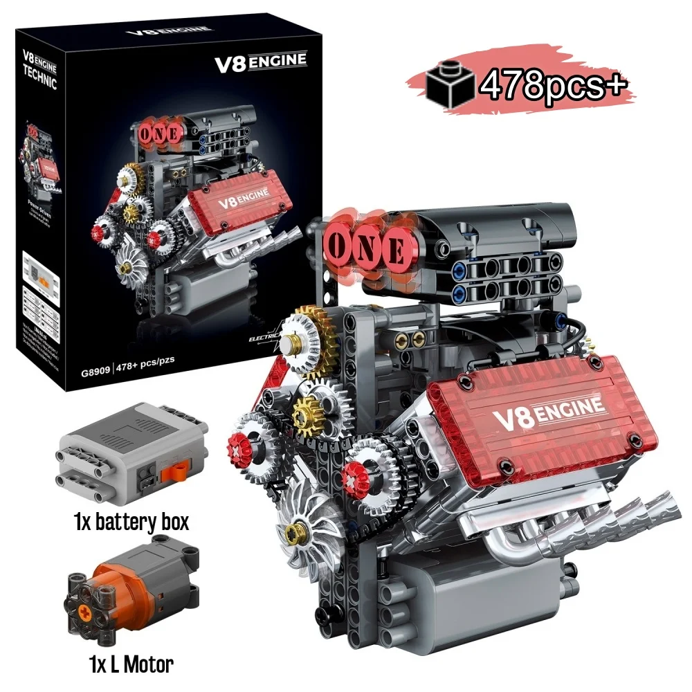 

Набор строительных блоков технического двигателя V8 с моторизованными сборками своими руками, кирпичи, настольное украшение для детей, подарок на день рождения, 478 шт.