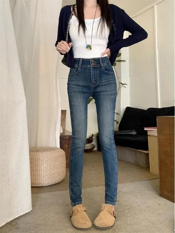 

High Waist Slim Fit Women's Jeans Spring 2026 New Style Versatile Washed Denim Pencil Pants Fashionable with Pockets Commute ...