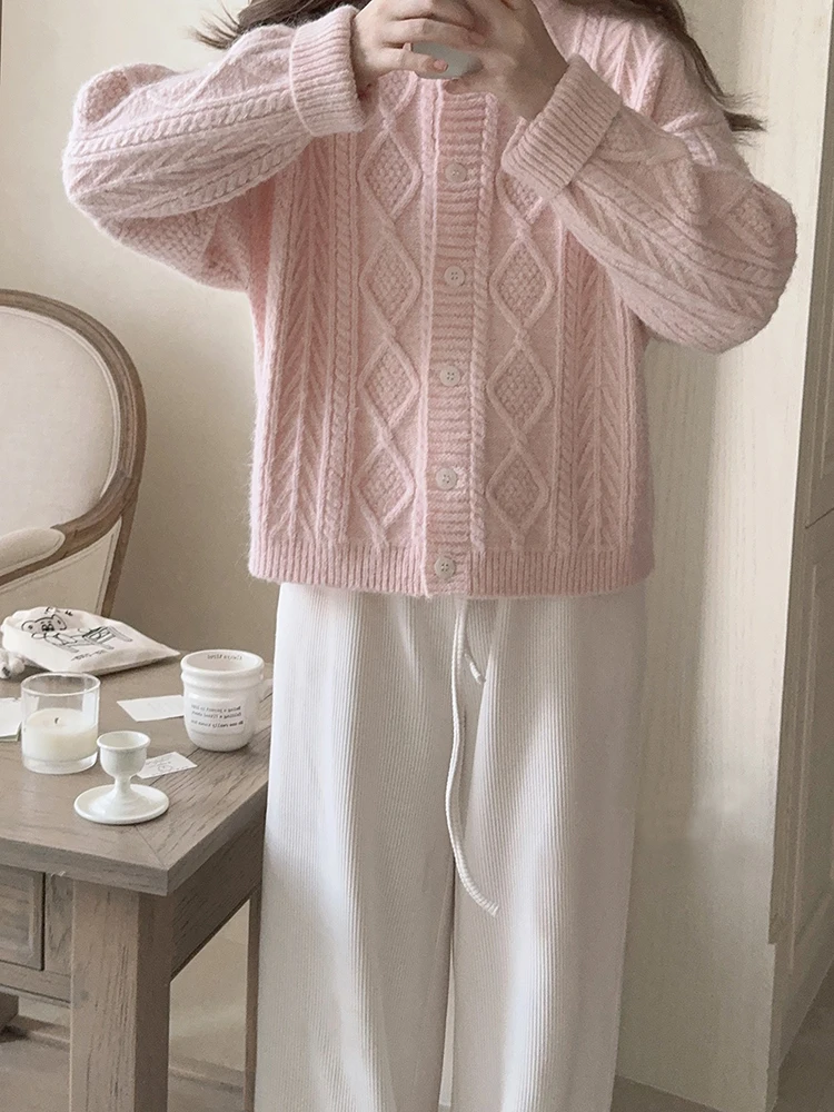 Sweet Knitted Cardigans Women Autumn Winter Pink Warm Sweaters for Girls Kawaii Clothes