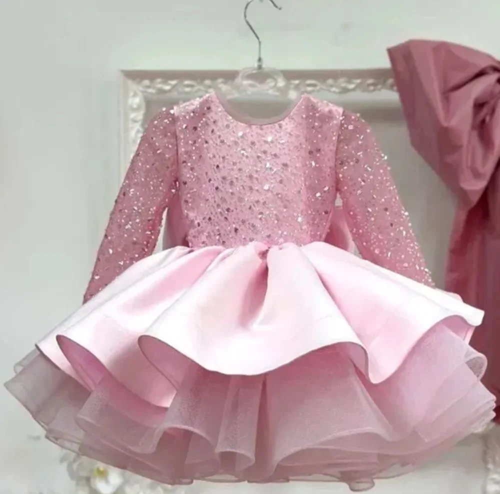 

Customized Pink Flower Girl Dresses For Wedding Full Sleeves Pearls Sequins Knee Length Lovely Kids Banquet Birthday Party Gown