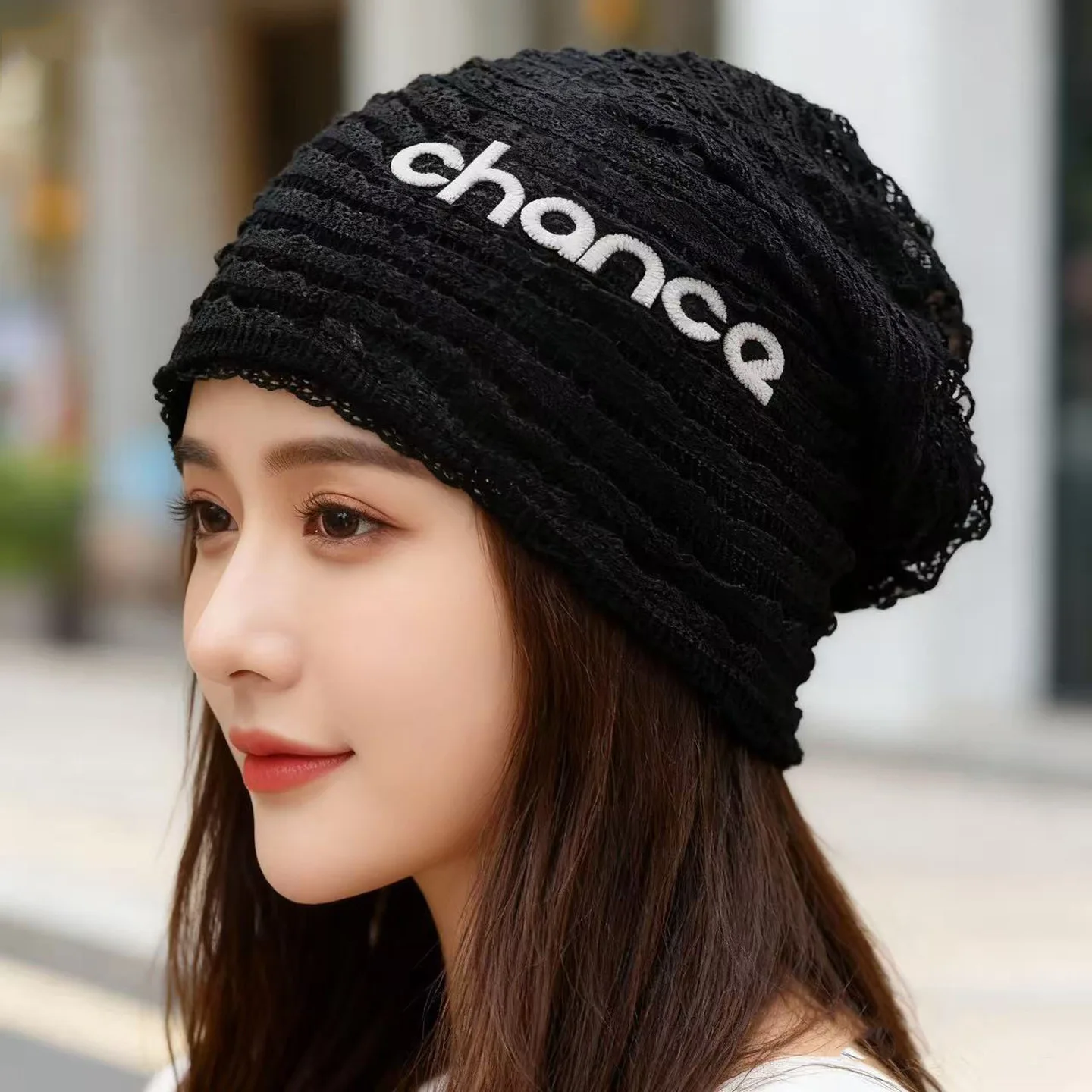 

Trendy Letters Print Thin Stacked Hat - Women's Spring Summer Big Head Circumference Face Slimming Cold Cap