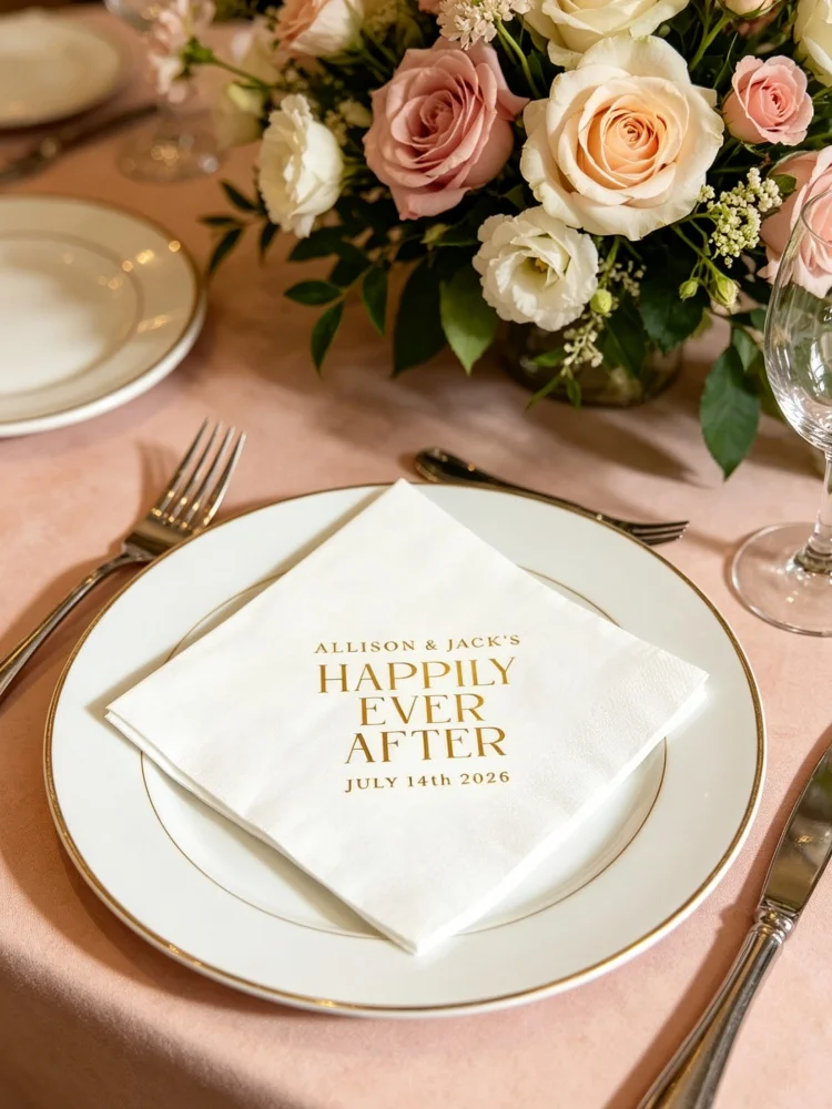 Custom Gold Metallic Foil Happily Ever After Printed Cocktail Beverage Luncheon Disposable Paper Napkins Wedding Bridal Shower