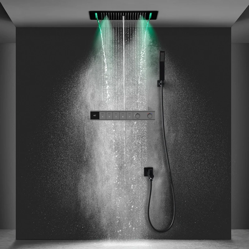 

HM Modern Bathroom Accessories Ceiling Mounted 380*700MM Black Rain Shower Thermostatic Mixer LED Shower Set
