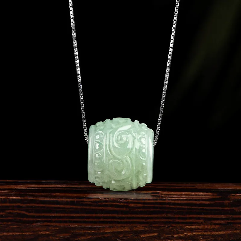 Natural Myanmar Jadeite Road Lutong Pendant Ladies 925 Silver Transshipment Bead Necklace Hand-carved Luxury Fine Jewelry