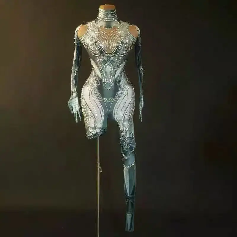

Женский наряд для выступлений, комбинезон с длинными рукавами и длинными брюками Diamond Tech Steel для ночного клуба, бара, танцевальной команды Gogo Y022