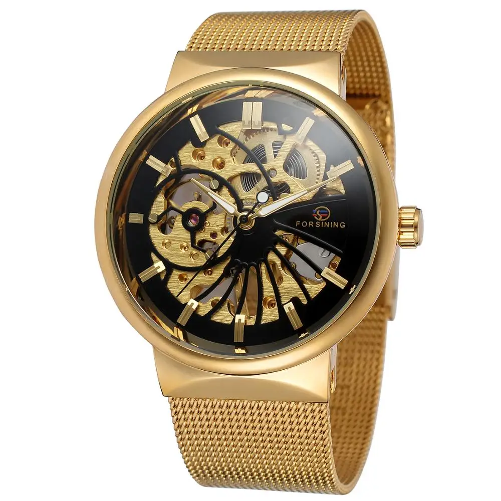 

FORSINING Men's Wristwatch Military Sport Male Clock Top Brand Luxury Gold Mesh Steel Skeleton Man Hand Wind Mechanical Watch