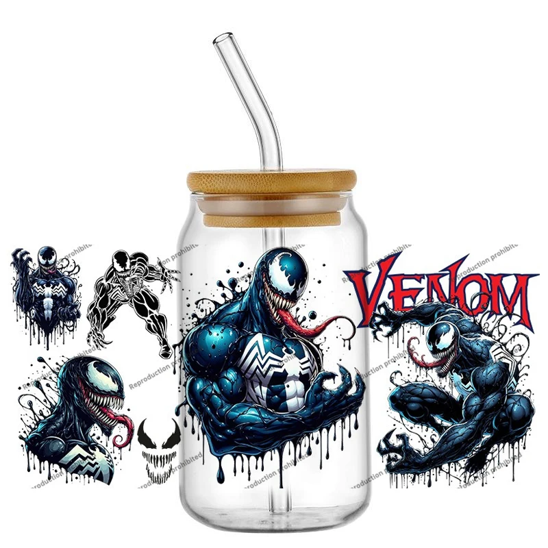 인기 베놈 16온스 UV DTF 핫 20 디자인 3D 스티커 슈퍼히어로 만화 패션 데칼 유리 캔 컵 머그 커피 공예 생일 선물