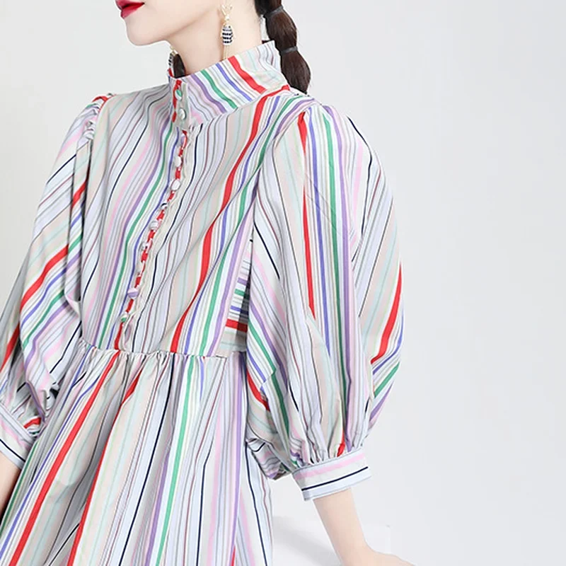 Vintage Hit Color Stripes Puff Sleeve Woman Dress Spring New Chic Button Design Dresses Fashion Elegant Temperament Vestidos