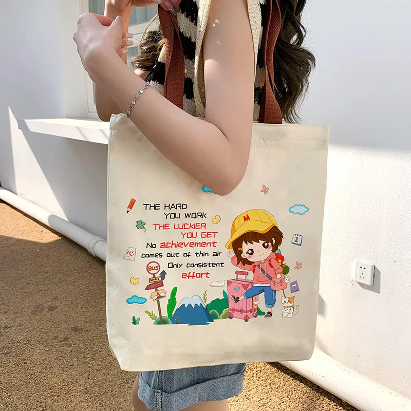 Women\'s Cartoon pattern Bag Casual Large Capacity Shoulder Bags Shopper Canvas Fashion Zipper Print Handbags Shopping Bag