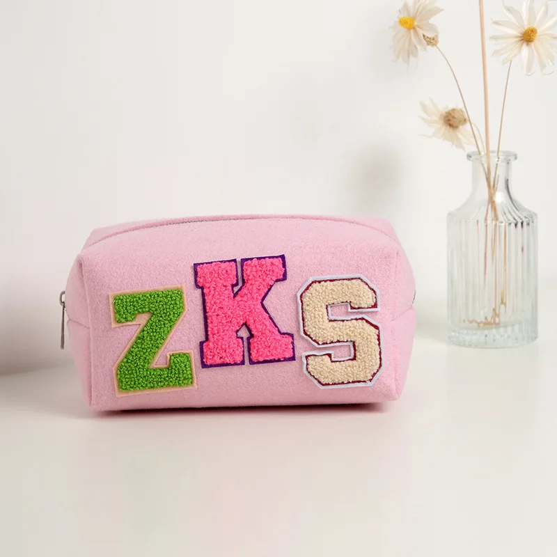 Felt embroidered letter makeup bag with creative daily matching, large capacity and convenient cosmetic storage bag