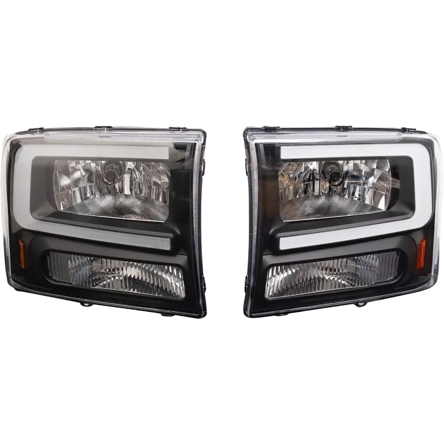 2 Piece Headlight Assembly Set with Performance Halogen LED C Light Bar and Black Bezel for Driver and Passenger Side Designed