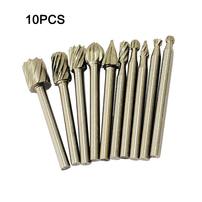 10pcs 1/8 HSS Routing Router Drill Bits Set Dremel Carbide Rotary Burrs Tools Wood Stone Metal Root Carving Milling Cutter