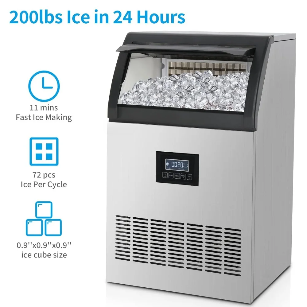 HAOYUNMA 200lbs/24h Commercial Ice Maker, Freestanding Ice Machine with LED Control Panel & 29lbs Storage Bin