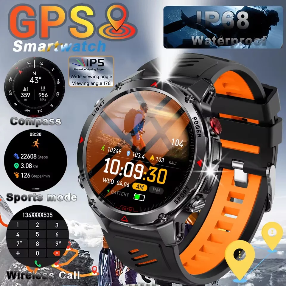 

New Military Swim Smart Watch Built in GPS Compass 30m Waterproof Sport Tracker 1.43" AMOLED Call Outdoors RIDE Run Smartwatches