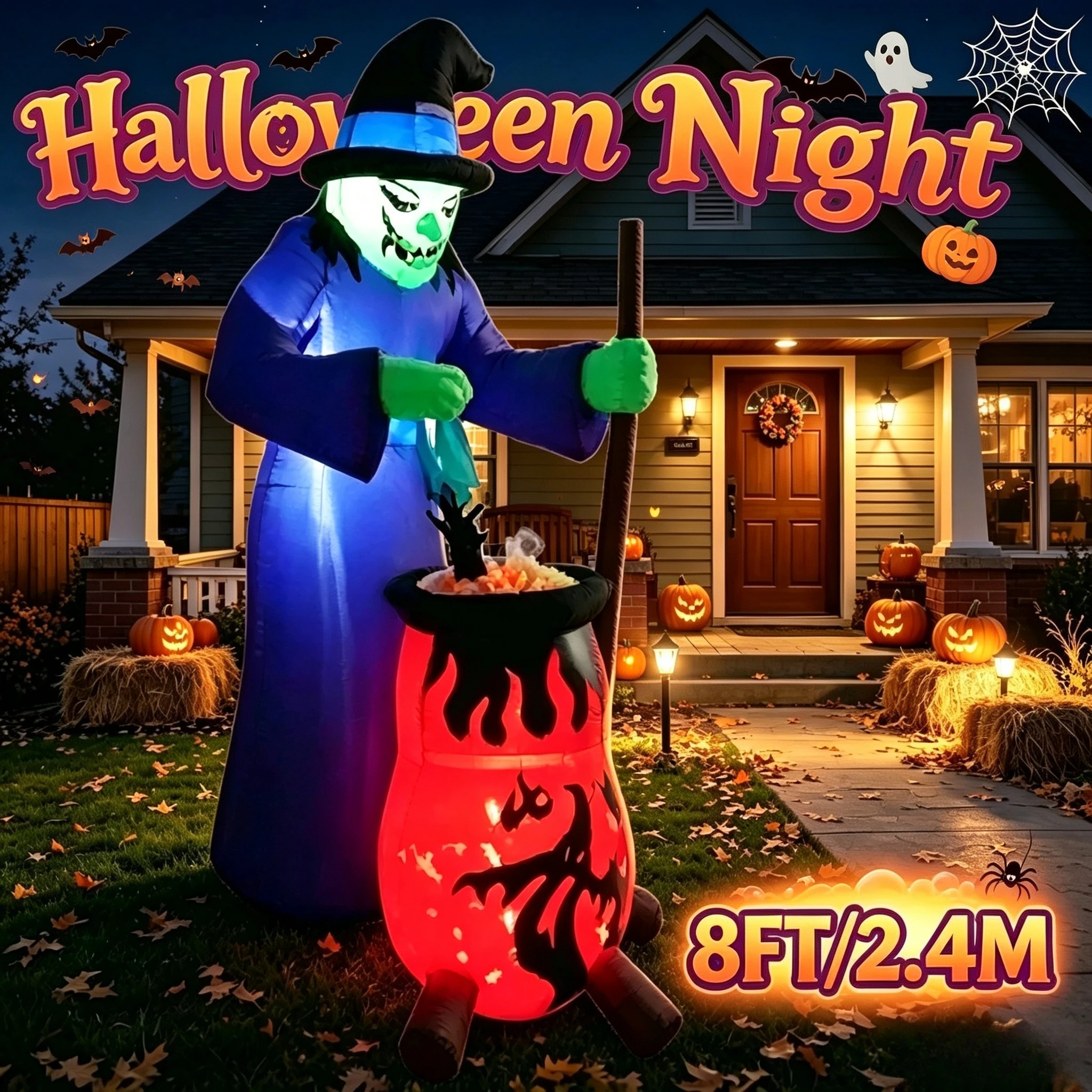 7FT Outdoor Yard Lawn Inflatables Halloween Inflatable Giant Witch, Rotating Cauldron Flame Lighted Party Garden Decoration