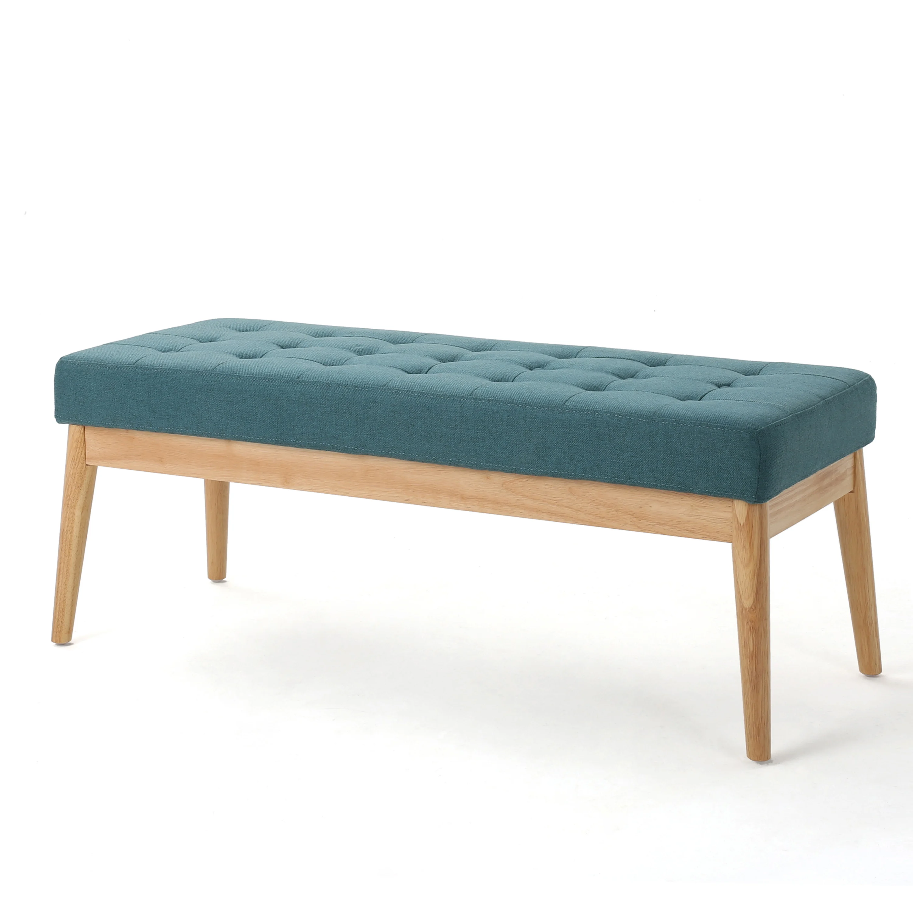 Modern Mid-Century Bench with Birch Wood Legs and Button-Tufted Fabric Upholstery - Blend of Retro Charm and Contemporary Style