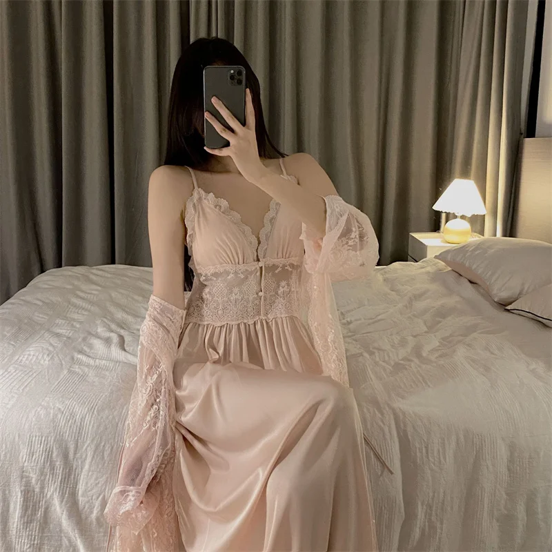 Sexy Two Piece Dress Set Spring Summer Sleepwear Lingerie Lace Sling Long Sleeve Nightdress Women Pijama Suit Ladies Nightgowns