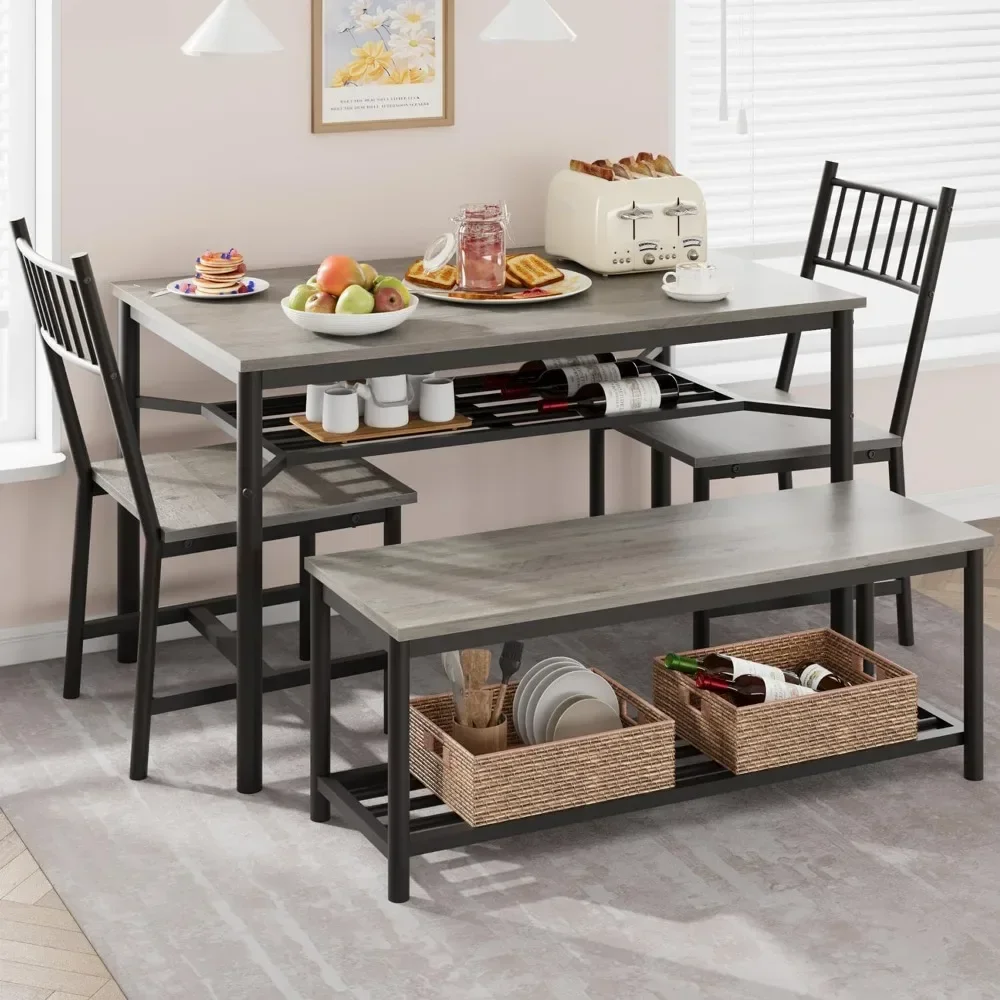 

Dining Table Set for 4, Kitchen Table and Chairs for 4 with Storage Bench, Rectangular Kitchen Table Set with Wine Rack