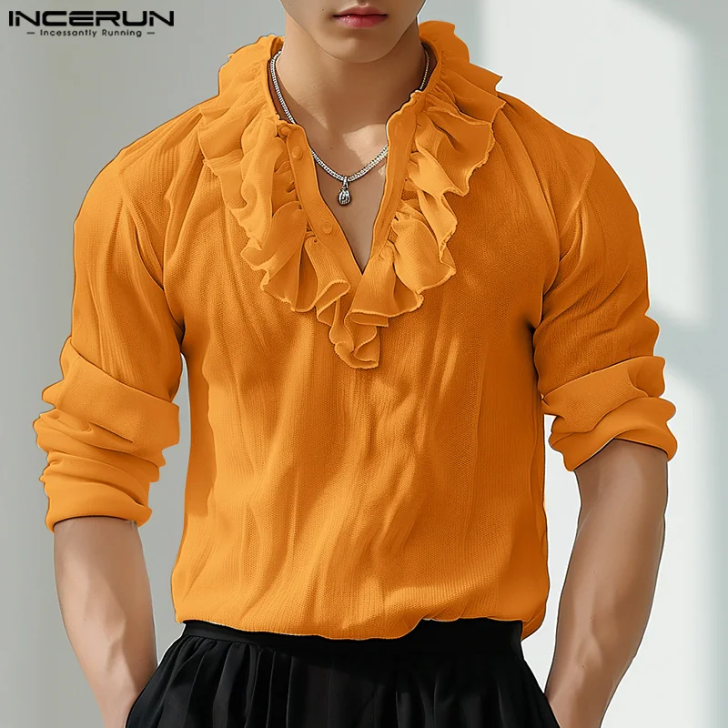 INCERUN Tops 2024 Korean Style Fashion Men\'s Ruffle Edge Splicing Mesh Shirts Casual Streetwear Solid Long Sleeved Blouse S-5XL