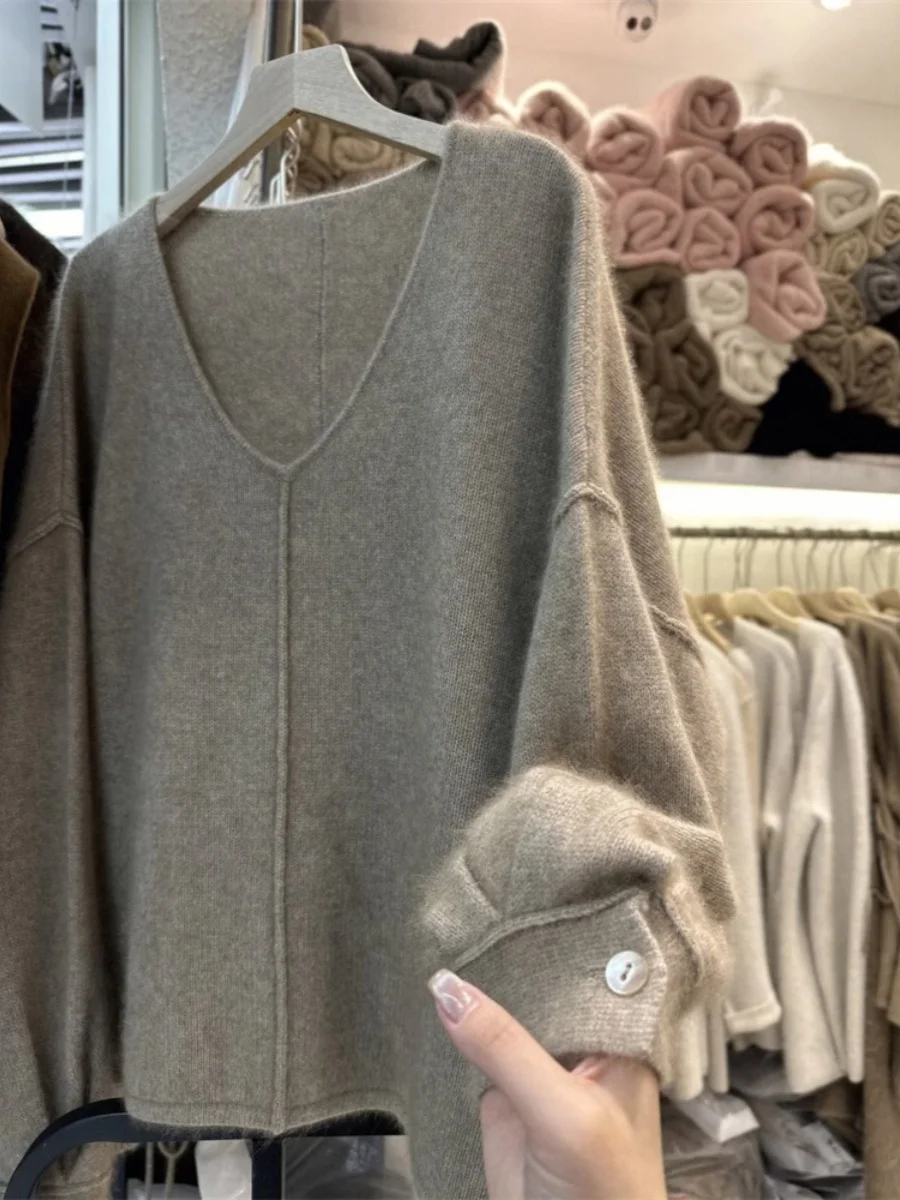 

plus Size V-Ne Long Sve Knitwear Women's Loose Fit Retro Hong Sle Color Base irt for Heavy MM up to 300 Pou