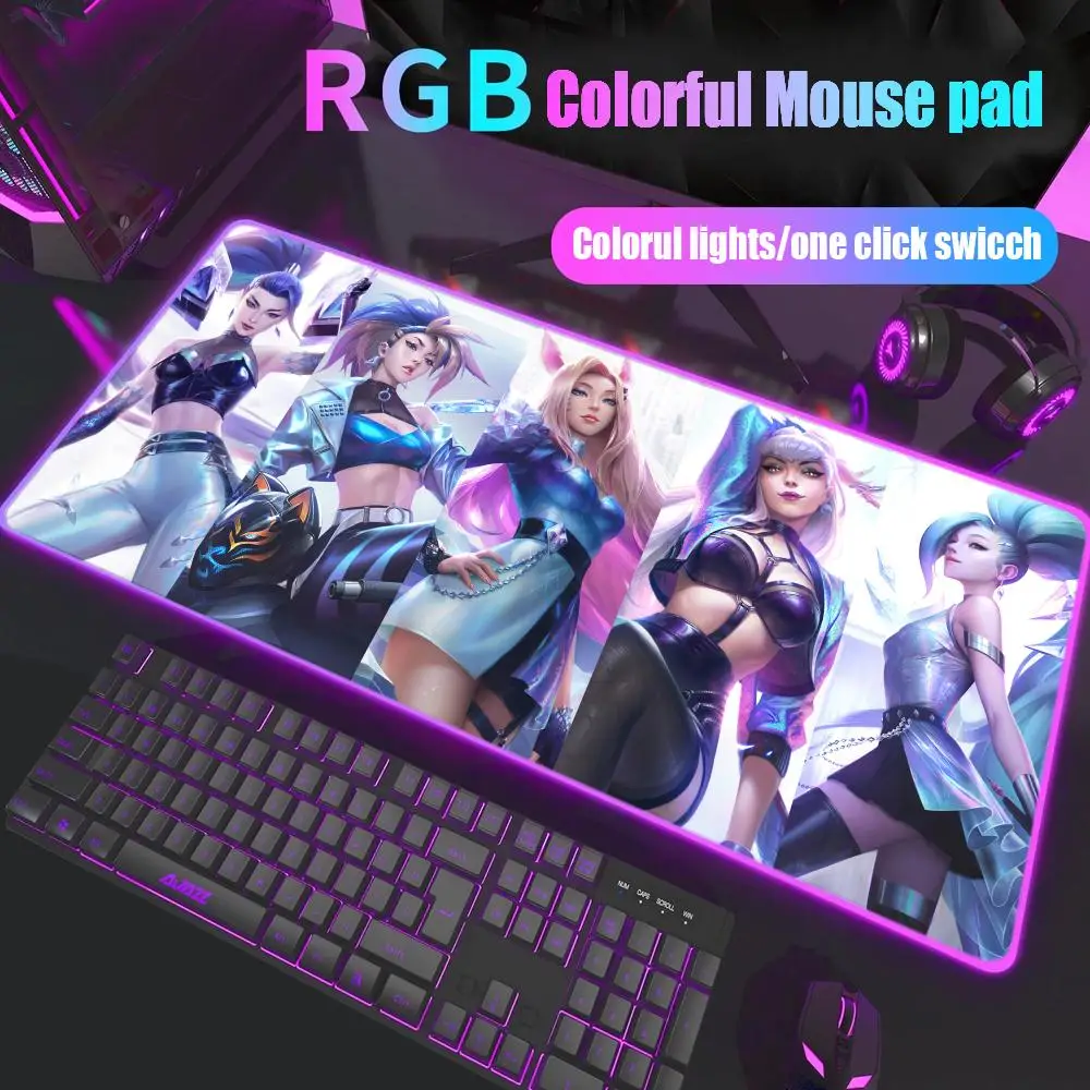 KDA Girl League of Legends Gamer Rgb, alas meja lampu belakang Led Mousepad Setup Aksesori Gaming Deskmat besar lampu latar