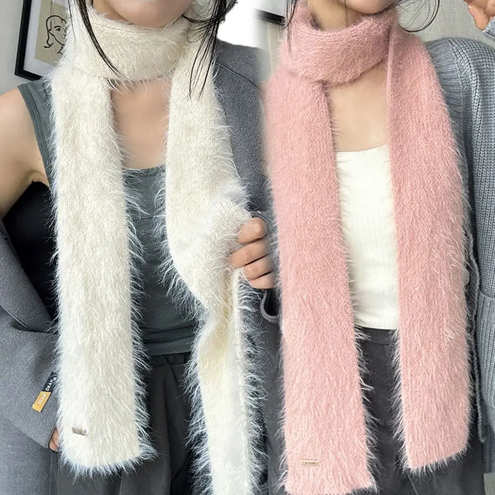 Outdoor Soft Plush Mohair Women Scarf Long Strip Warm Neck Thin Long Scarves Solid Color Y2K Girl Scarf Female