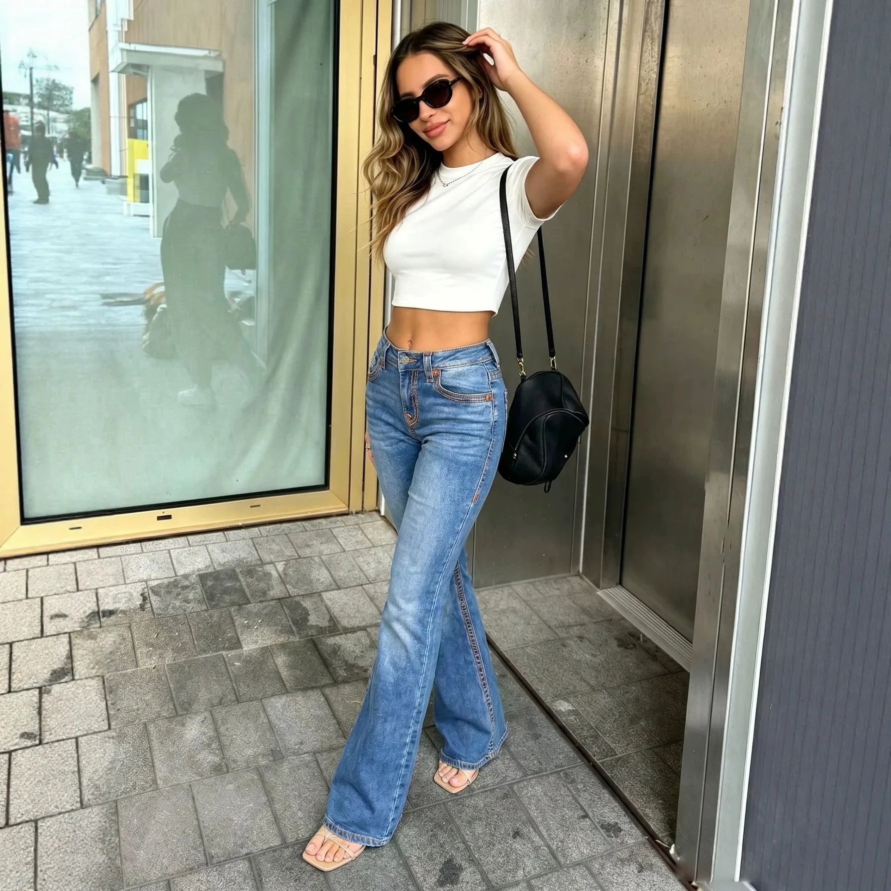 Women's Washed Slim Fit Blue Jeans | Mid Waist Five Pocket Denim Pants | Straight Leg Flare | Long Length Contrast For Woman