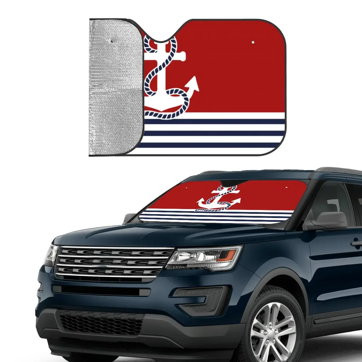 Nautical Red White Stripes And Blue Anchor Personality Windshield Sunshade 70x130cm Foils Sunshade Visor Car-covers