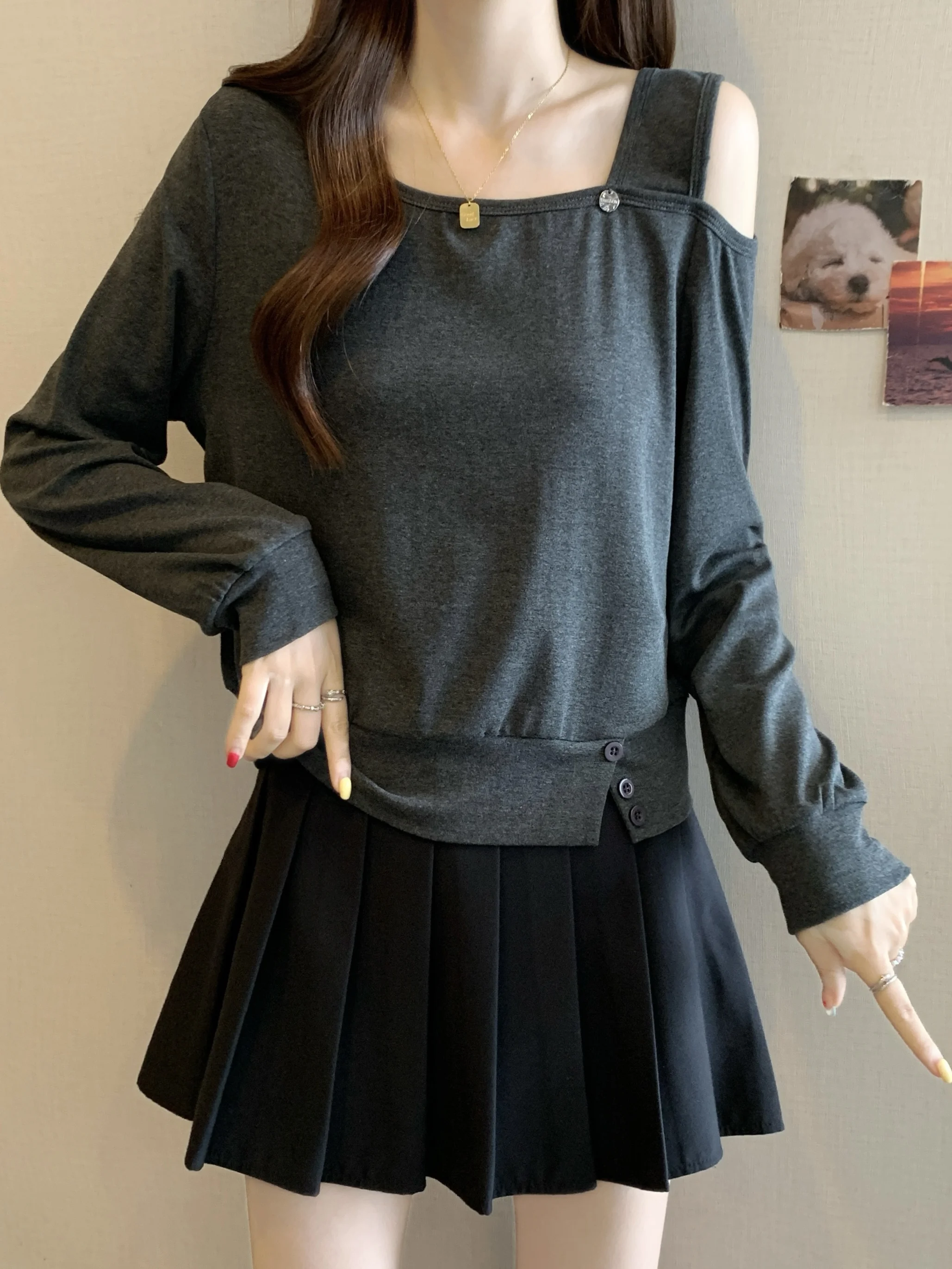 

Уникальный вязаный топ большого размера с открытыми плечами, скрывающий живот, для весны и осени, повседневный, с завышенной талией, из смесового хлопка