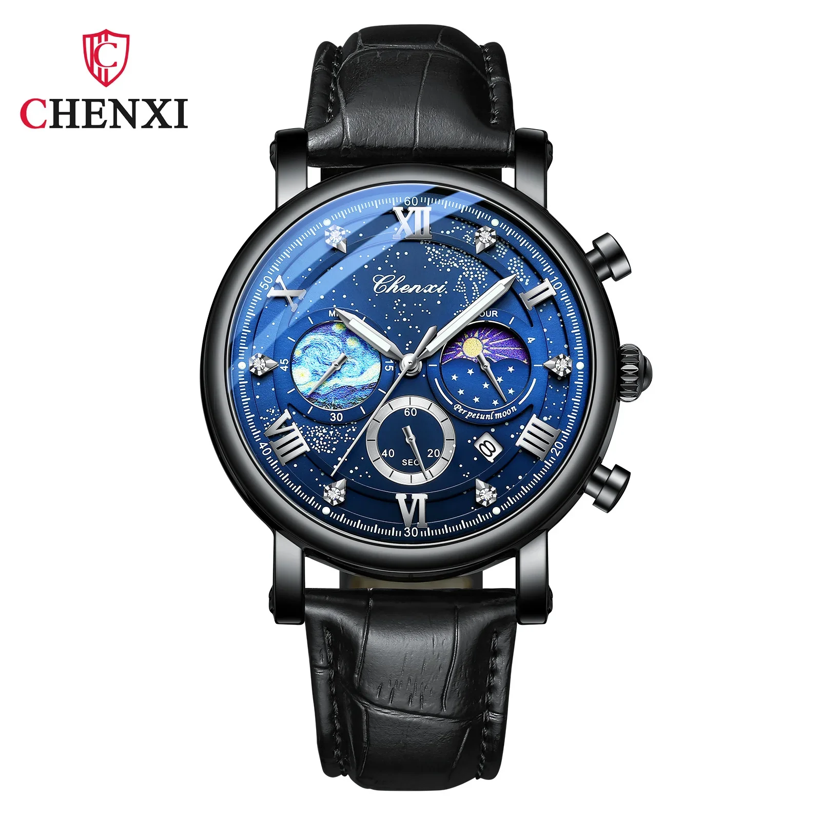 Chenxi 972 Sun Stars Multi-function Fashion Men's Moon Phase Timing Calendar Quartz Watch Man relogio masculino watches for men