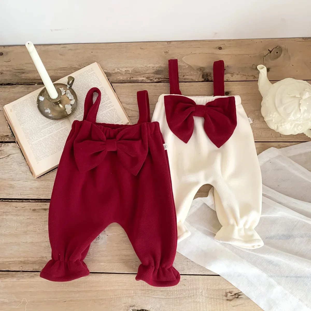 

2023 Autumn Winter Newborn Baby Girls Suspander Romper Thicken Warm Toddler Bodysuits Big Bowknot Infant Long Sleeve Jumpsuits