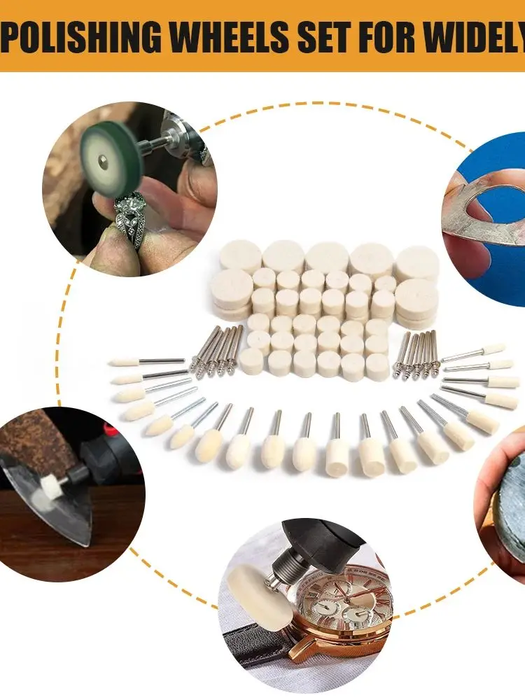 Roues de polissage en laine pour Dremel, Kit de tampons de polissage en feutre à tige de 1/8 pouces, accessoires pour bijoux/métal et outils rotatifs, 80 pièces