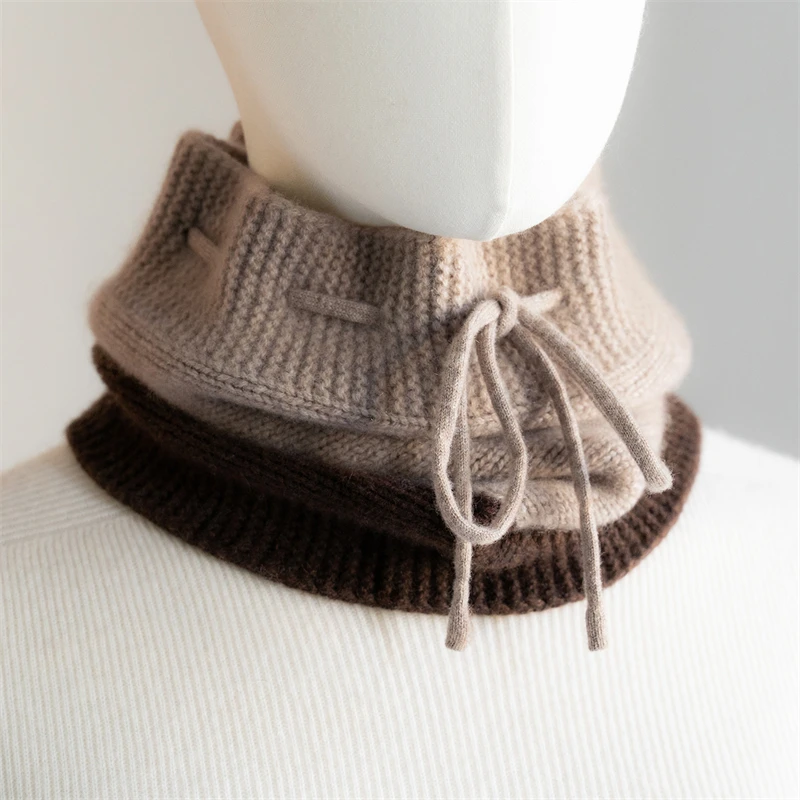 100% Pure Cashmere Color Blocked Knitted Drawstring Hat Women's Hat Scarf One-Piece Cashmere Hat Fashion Lazy Style Versatile